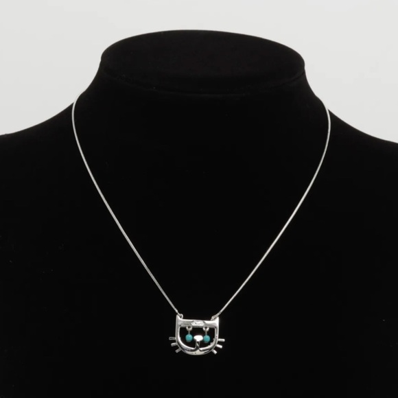 Christian Dior Silver Turquoise Cat Pendant Necklace